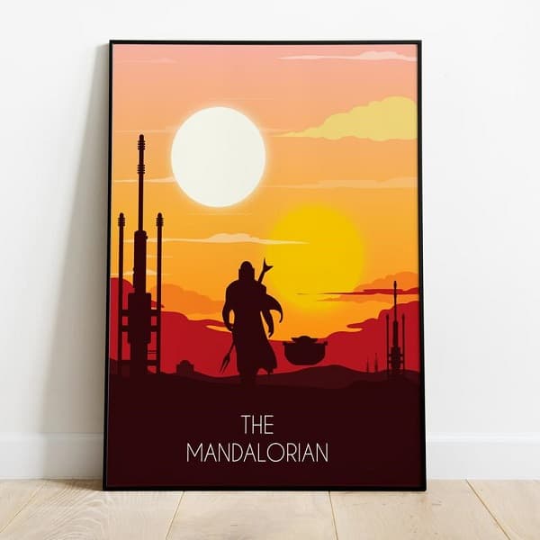 Poster minimaliste de la série Le Mandalorian représentant Din Djarin et Bébé Yoda, marchant et flottant en direction du soleil couchant.